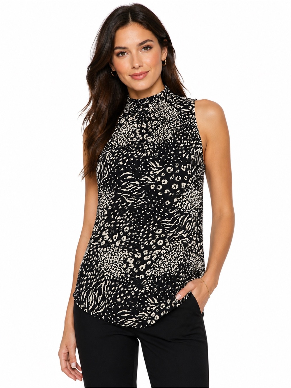Elie Tahari Mixed Animal Print Sleeveless Blouse Black Ivory XS